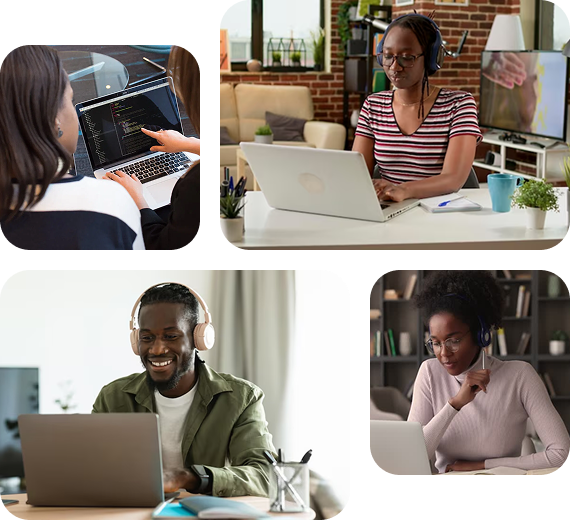A with an headset on his laptop and a lady on her laptop