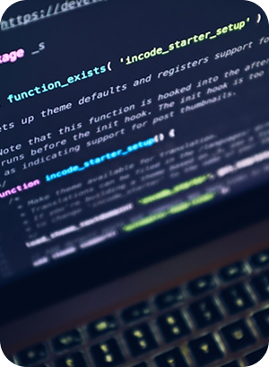 A man seated in front of a computer with code